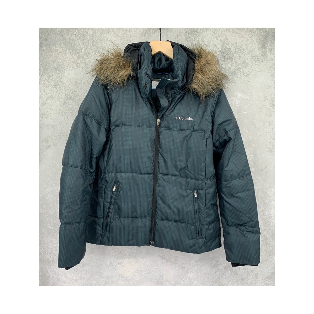 Columbia Puffer Jacket Womens Large Teal Faux Fur Trim Insulated Winter Snow
